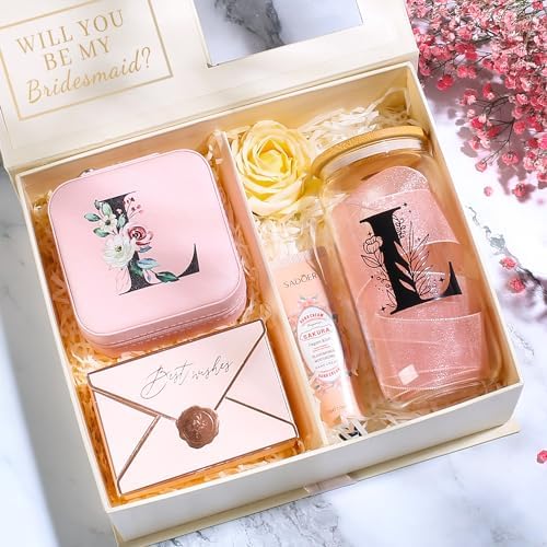 AYGXU Initial Jewelry Storage Set, Personalized Pink L Travel Case with Glass Cup & Bamboo Lid, Bridesmaid Gift - Image 3
