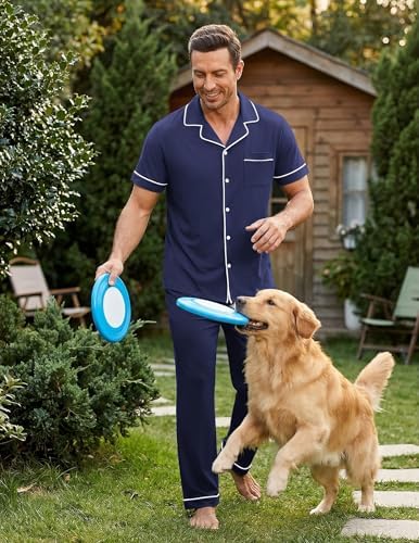 Ekouaer Men's Cotton Pajama Set Short Sleeve Button Down Sleepwear Pjs - Image 3