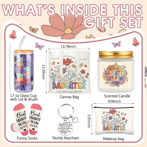 Funnymoom 6 Pcs Daughter in Law Gifts from Mother in Law with 17 oz Glass Cup Canvas Tote Bag for Birthday Wedding Gifts - Image 3