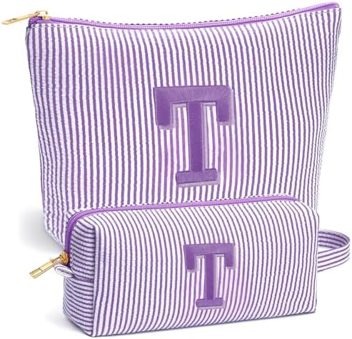 Initial Makeup Bag for Women - Travel Pouch, Portable Personalized Cosmetic Bag Make up Kit Pouch | Travel Essentials Cute Makeup Bag Birthday Gifts for Women, Purple Letter T by Fohufo