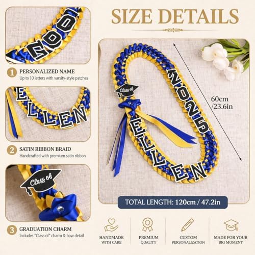 Personalized Graduation Lei 2026 – Custom Name Braided Satin Ribbon Lei Class of 2026 with Varsity Letter Patches & Graduation Cap Charm 12 School Colors | Graduation Gift for Him Her - Image 2