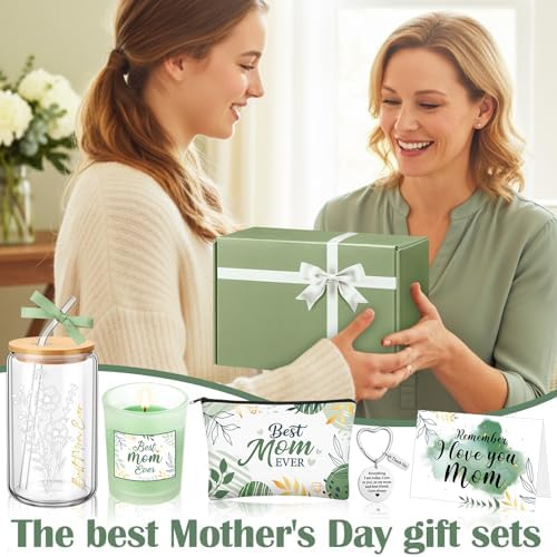 Bokon 6 Pcs Birthday Gifts for Mom Best Mom Ever Gifts Box Set with 16oz Glass Cup Scented Candle Makeup Bag from Daughter Son for Wife Mother Day Party(Sage Green) - Image 5