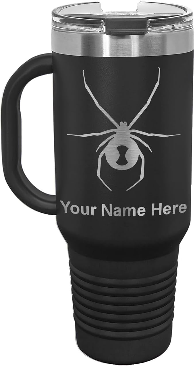 LaserGram 40oz Vacuum Insulated Travel Mug with Handle, Black Widow Spider, Personalized Engraving Included (Black)
