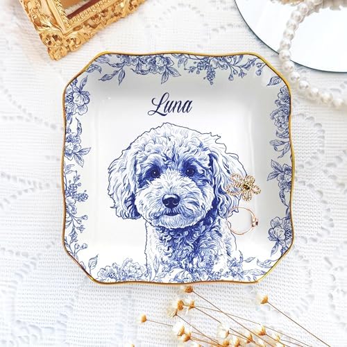 LOVELYPOD Custom Pet Portrait Jewelry Tray, Toile De Jouy Ceramic Dish, Custom Dog Cat Picture Gifts, Personalized Pet Photo Gifts, Dog Cat Memorial Gift, Sympathy Gift Pets Owner by LOVELYPOD