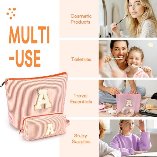 2 PCS Initial Makeup Bags for Women: Cosmetic Bag for Travel Toiletry - Birthday Gifts for 11 12 13 14 15 16 17 18 Years Old Girl Graduation Teacher Gift- Teen Girl Gifts Trendy Stuff - Orange A - Image 5