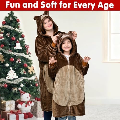 Waitu Bear Wearable Blanket Hoodie Funny Halloween Costumes Birthday Gifts for Women Men Boys Girls, Bear Hooded Blanket Flannel Zipper Hoodie Blanket Cute Gifts for Teens (Kid, Brown) - Image 3