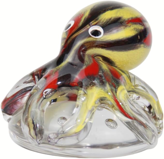 Hand Blown Art Glass Octopus Figurine on Crystal Bubble Ball | Handmade Sea Creature Collectible, Ocean Theme Desk Paperweight & Aquarium Decor