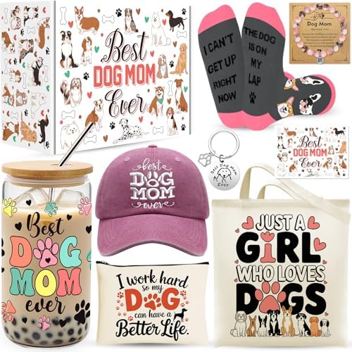 9 Pieces Dog Mom Gifts for Women, Best Dog Lovers Gifts for Women with 16oz Glass Cup, Baseball Cap, Tote Bag, Makeup Bag, Socks, Bracelet, Keychain for Dog Lover Birthday Christmas Mothers Day Gift by Unknown