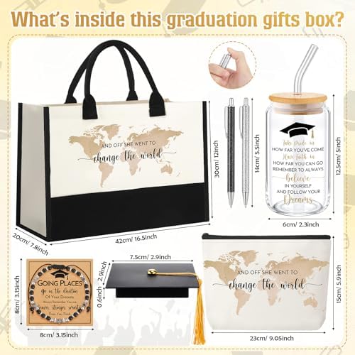 Vesici 8 Pcs Graduation Gifts Set for Women Her 2026 with Tote Bag Makeup Bag Bracelet Box Glass Cup Pens Class of 2026 Congratulations Graduate Gift Basket for College Senior Nurse(Beige) - Image 2