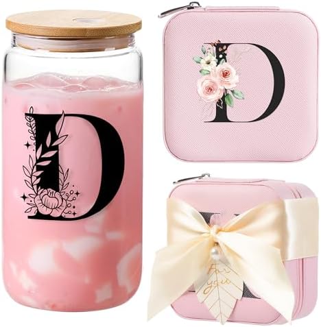 AYGXU Jewelry Box & Glass Set, Pink, Personalized Initial, Small Travel Case, Graduation Gift for Girls by AYGXU