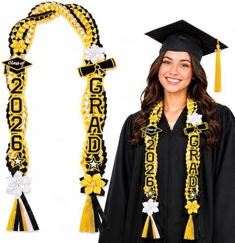 Class of 2026 Graduation Leis,Double Black & Gold Graduation Ribbon Lei with Dly Butterfly Flower Accessories, Graduation Gift for Her Him Graduate by JIZWPOOM