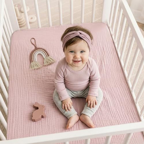 Muslin Mini Crib Sheet (38"x24"), 100% Cotton Cover, Breathable & Soft Mattress Pad, Boho Pink for Girls(1 Pack) - Image 5