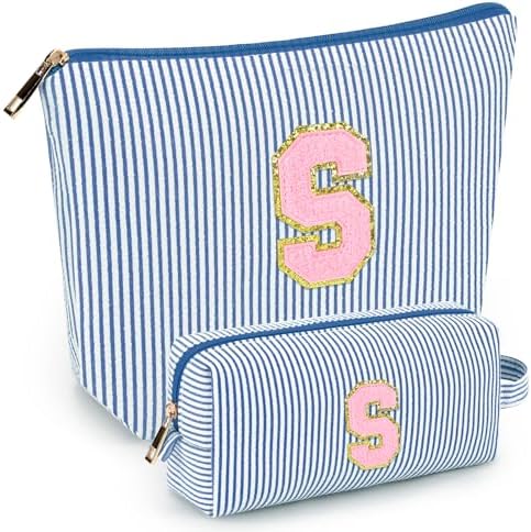 mibasies 2 PCS Initial Makeup Bags for Women: - Birthday Gifts for Teen Girls 11 12 13 14 15 16 Years Old - Preppy Trendy Stuff - Cosmetic Bag for Travel Toiletry - Blue S by mibasies