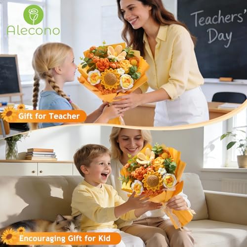 Alecono Large Orange Crochet Sunflower Bouquet Handmade Knitted Floral Set - Image 4