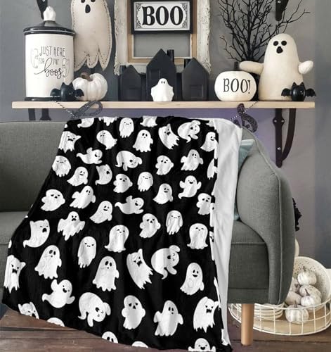 Halloween Throw Blankets Funny Ghost Cute Halloween Spooky Black and White Throw Blanket Lightweight Cozy Flannel Blanket for Couch Sofa Bed Home Decorations 60"X50" - Image 2