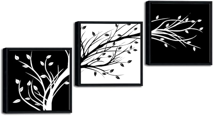 Wieco Art Framed Leaves Modern 3 Panels Flowers Artwork Canvas Prints Black and White Abstract Floral Trees Pictures Paintings on Canvas Wall Art for Living Room Home Decorations