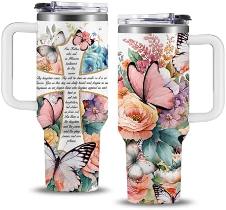 Christian Gifts for Women, 40 oz Christian Tumbler with Handle, Christian Birthday Gifts for Women, Religious Gift for Flower Butterfly Lords Prayer Cross Christian Cup by NIAXAUYT