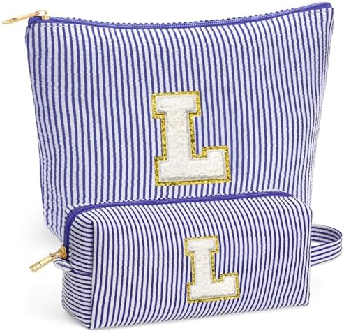 Travel Makeup Bag Organizer - Travel Essentials, Initial Travel Toiletry Bag with Zipper | Small Makeup Bag for Purse Cute Blue Stuff Birthday Gifts for Women Mom Daughter, Blue Letter L by Fohufo