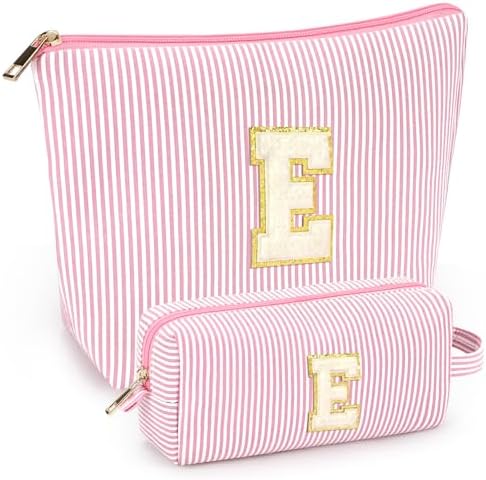 mibasies 2 PCS Initial Makeup Bags for Women: Cosmetic Bag for Travel Toiletry - Personalized Cute Makeup Pouch - Gifts for Grilfriend Wife Moms Bridesmaid - Retirement Travel Gifts - Light Pink E by mibasies
