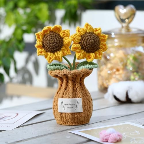 Crochet Sunflower Gift for Mom – Handmade Double Sunflower Pot, Cute Mother’s Day & Birthday Gift for Women, Dad, Teacher, Friend, Coworker, Inspirational Desk Decor by YOOJEE