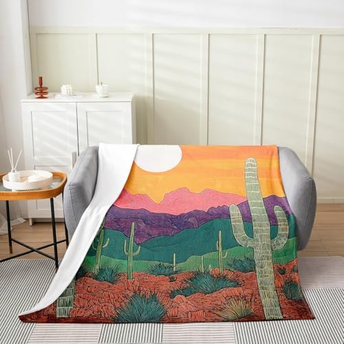 Erosebridal Desert Sunset Flannel Blanket 40x50 Inch Cactus Fleece Blanket Grass Mountains Print Fuzzy Plush Throw Stone Plants Orange Green Living Room Decor - Image 2