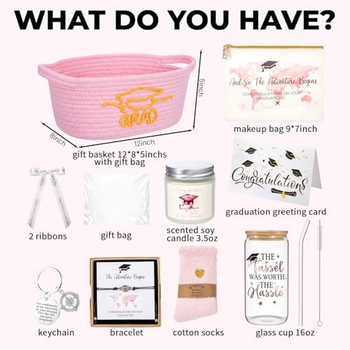 Zopeal Graduation Gift Basket for Her 2026,Graduation Gift Set with Glass Tumbler,Makeup Bag,Candle,Socks,Bracelet,Keychain,Card,College Grad Gifts for Her Women Daughter Granddaughter (Pink) - Image 2