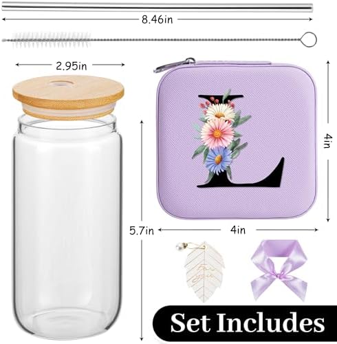 AYGXU Glass Cups with Bamboo Lids and Straws, 16oz, Small Travel Jewelry Case, Initial Glass Cup, Travel Jewelry Organizer, Initial L Purple - Image 2