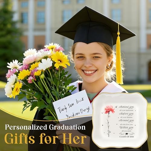 College and High School Graduation Gift for Her, Personalized Graduation Jewelry Dish Class of 2026, Ceramic Ring Tray 4.3x4.3 inches, Customizable Names and Birth Month Flowers - Image 3