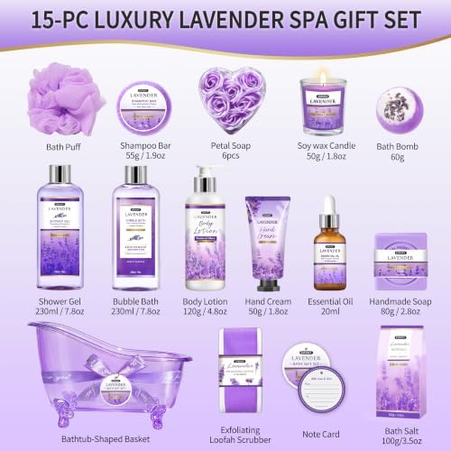 Gift for Women, Spa Gift Baskets for Women，15Pcs Lavender Bath and Body Set - Image 2