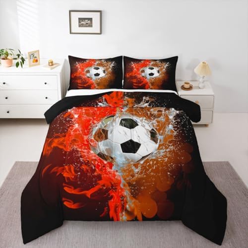 Erosebridal Soccer Print Kids Bedding | 3D Football Pattern Queen Comforter Sets,Red Flame Soccer Comforter Sports Games Duvet Insert with 2 Pillow Cases by Erosebridal
