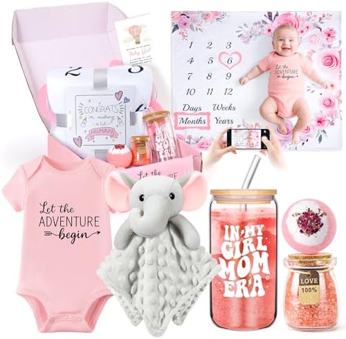 New Mom Gifts & Baby Girl Gift Set for Newborn,Baby Girl Gift Basket with Baby Milestone Blanket,Pregnancy Gifts for Expecting Mom,New Mom Care Package After Baby, Pregnancy Gifts for Women and Baby by FortuningsJDS