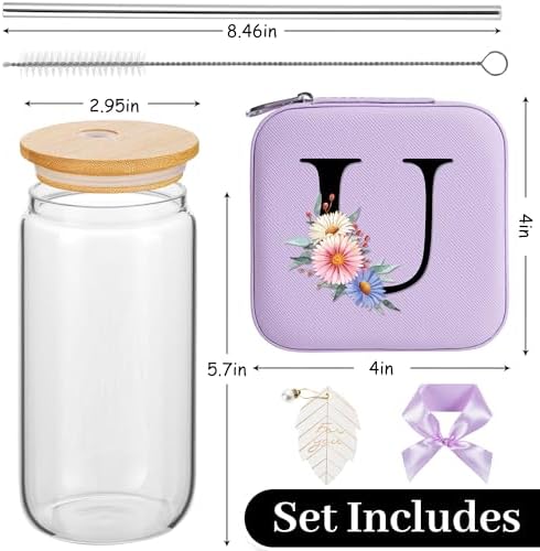 AYGXU Travel Gifts for Women Girls,Small Jewelry Organizer Box,Bridesmaid Proposal Gifts,glass cup with bamboo lid and straw,aesthetic cups,coffee cups,Graduation Gifts for Her Initial U purple - Image 2
