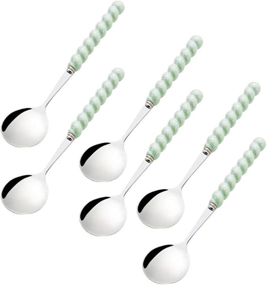 (6 Pieces) 7.48 Inch Exquisite Ceramic Spoon Household Stainless Steel Eating and Drinking Soup Spoon Coffee Spoon Tea Spoon (Green)