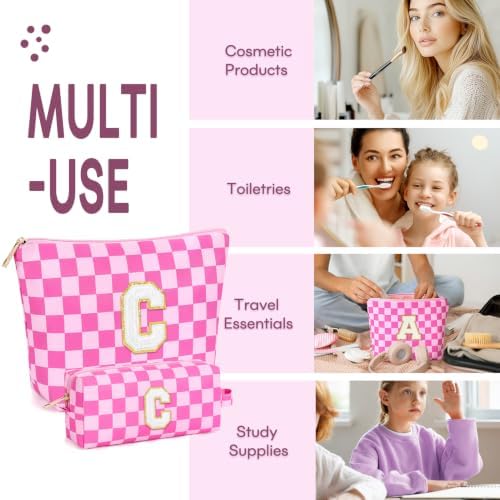 mibasies 2 PCS Initial Makeup Bags for Women: Cosmetic Bag for Travel Toiletry - Birthday Gifts for Teen Girl Gifts Trendy Stuff - Graduation Teacher Gift for Girlfriend -Checkered Rose Red C - Image 4