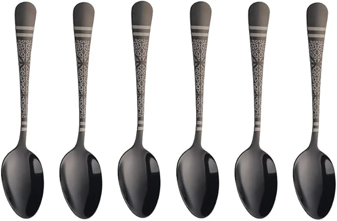 Black Unique Pattern Design Coffee Espresso Spoons Mini, Mingcheng Stainless Steel Small Teaspoons Silverware Set of 6, BISDARUN 5.5 Inches Food Spoons for Demitasse Dessert Tea