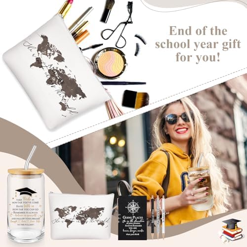 Domensi 6 Pcs Class of 2026 Graduation Gift for Her 16oz Glass Cup Makeup Bag Compass Journal Ballpoint Pens Inspirational Graduation Gift Set for College High School Daughter Sister Friend(Black) - Image 5