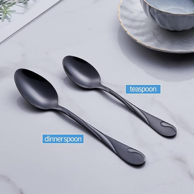 Black Dinner Spoon Set, Seeshine 7.6-inch Stainless Steel Shiny Black Soup Table Spoon Silverware, Set of 6