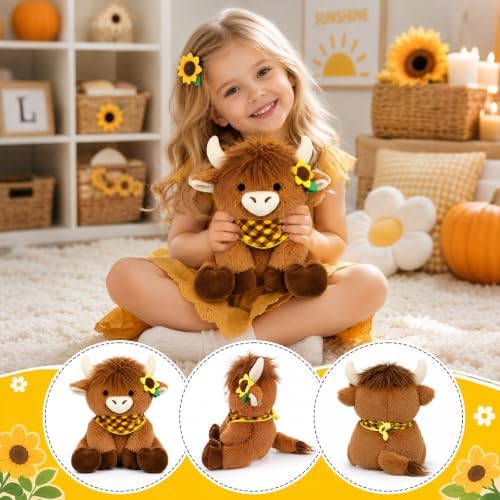 Sunflower Highland Cow Plush- Cow Stuffy Checkered Handkerchief Decor - Image 4
