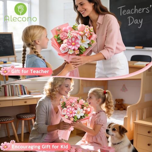 Alecono Large Pink Crochet Flower Bouquet Handmade Knitted Tulip Floral - Image 4