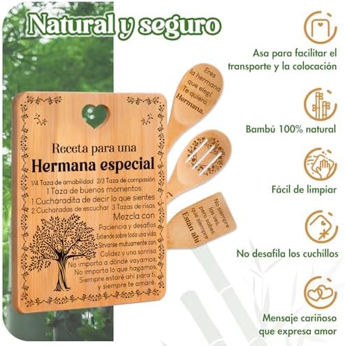 Regalos de cumpleaños para Hermana - "Receta para una Hermana especial". Juego de tablas de cortar y utensilios de bambú grabados. Regalos de cumpleaños para Hermana. Spanish Sister Cutting Board - Image 6