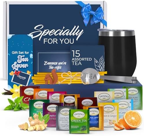 Tea Gift Set for Women and Men – Elegant Tea Sets for Women Gift with 15 Unique Teas, Stainless Steel Tumbler & 10 Honey Straws in Premium Box (Black) by ModernElegance