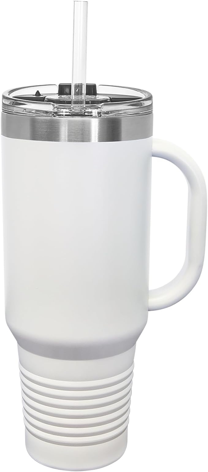 LaserGram 40oz Vacuum Insulated Travel Mug with Handle, Bronco Rider, Personalized Engraving Included (White)