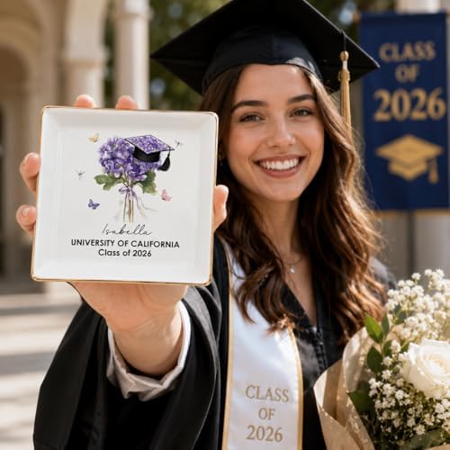 Wrappiness Personalized Graduation Trinket Tray, Custom Flower College High School Ring Dish Grad Gift for Daughter, Class of 2026 Graduation Gift for Her, Birth Month Flower Ceramic Jewelry Dish - Image 2