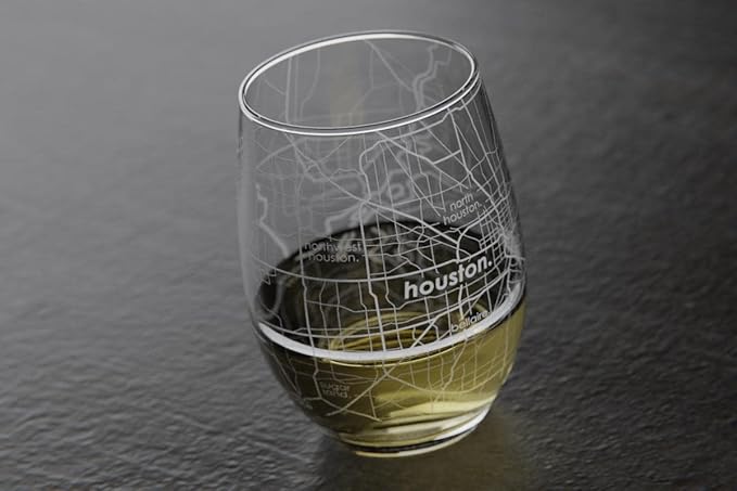 Well Told Engraved Houston Texas Map Stemless Wine Glass, Etched Glass (15 oz, Clear) City Custom Gifts for Lovers