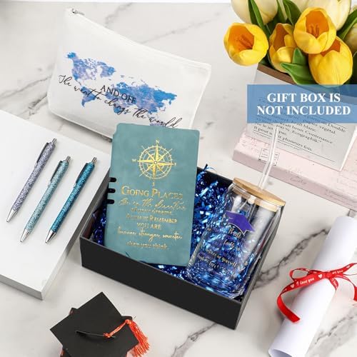 Domensi 6 Pcs Class of 2026 Graduation Gift for Her 16oz Glass Cup Makeup Bag Compass Journal Ballpoint Pens Inspirational Graduation Gift Set for College High School Daughter Sister Friend(Blue) - Image 4