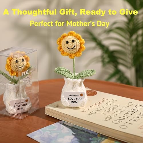 Crochet Sunflower Gift for Mom from Daughter Son, “I Love You Mom” Handmade Flower, Cute Desk Decor, Appreciation Ready-to-Gift with Box - Image 2