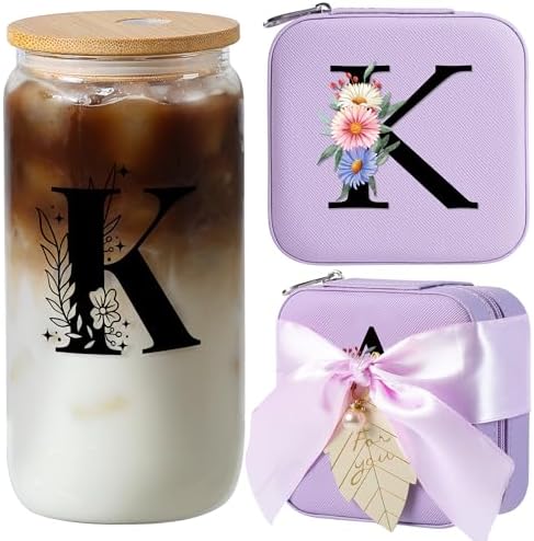 AYGXU Bridesmaid Gifts for Wedding Day,Bridesmaid Proposal Gifts,Drinking glass with Bamboo Lids and Straw,Jewelry Organizer,Travel Essentials Small Jewelry Box,Initial K purple by AYGXU