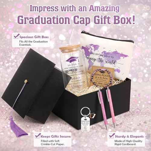 Vesici 8 Pcs Class of 2026 Graduation Gift Box Set for Women Her Grad Cap Box Glass Cup Makeup Bag Bracelet Pen Keychain College High School Graduation Gift for Daughter Sister Friend(Purple) - Image 3