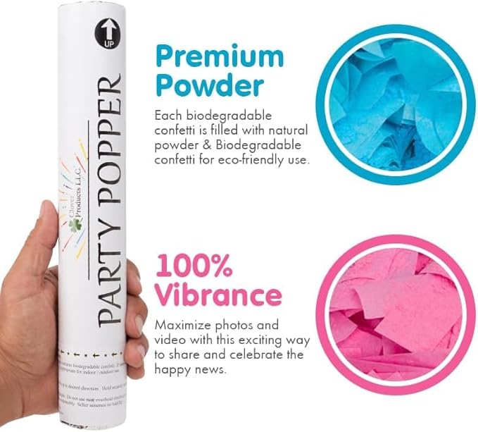 Clover Products Gender Reveal Cannons – 4 Pack (2 Blue & 2 Pink) | 12-Inch Confetti & Powder Poppers | Air-Powered, Biodegradable | Free Balloons Included