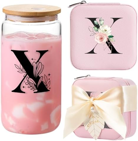 AYGXU Birthday Gifts for Women - Drinking Glass with Bamboo Lids and Straw, Iced Coffee Travel Jewelry Case, Small Jewelry Organizer Box, Initial X Pink by AYGXU